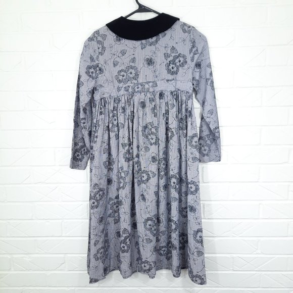 Vintage Luli & Me Black Floral Embroidered Gingham Long Sleeve Pleat Dress 8 - Picture 6 of 6